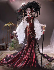 1/4-scale BJD doll (SD), Delf-inspired fishtail evening gown, handmade funky collectible.