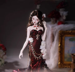 1/4-scale BJD doll (SD), Delf-inspired fishtail evening gown, handmade funky collectible.