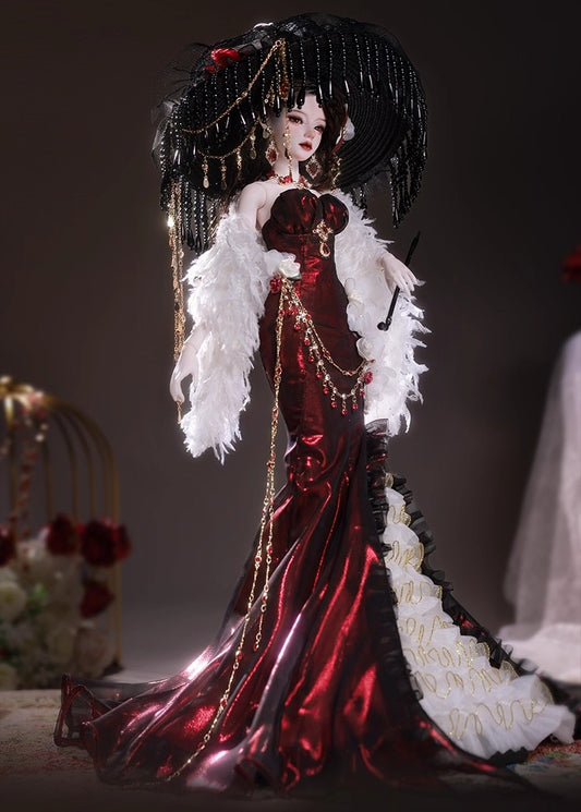 1/4-scale BJD doll (SD), Delf-inspired fishtail evening gown, handmade funky collectible.