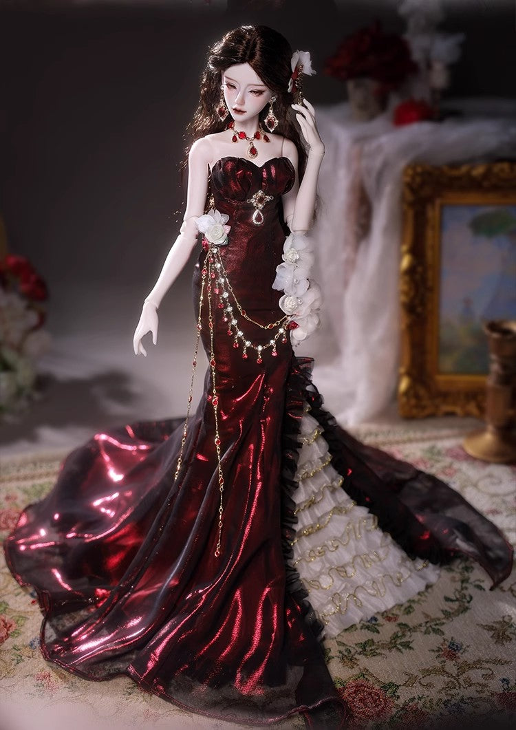 1/4-scale BJD doll (SD), Delf-inspired fishtail evening gown, handmade funky collectible.